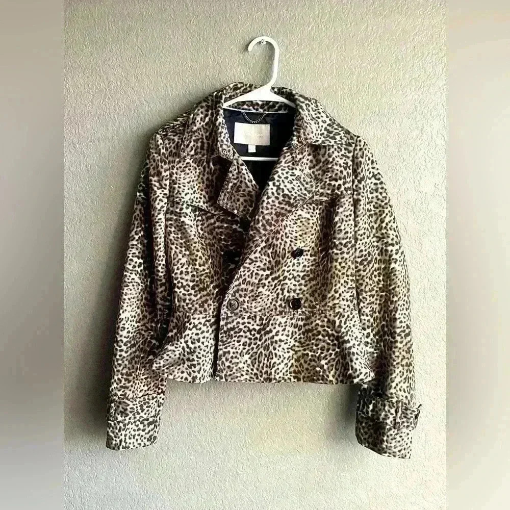 Banana Republic Leopard Peplum Jacket Short Trench XS Button-up EUC